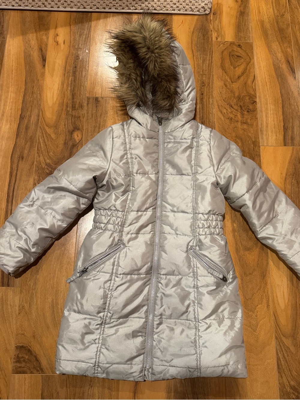Lands' End Girls' Silver Puffer Coat with Faux Fur Hood
